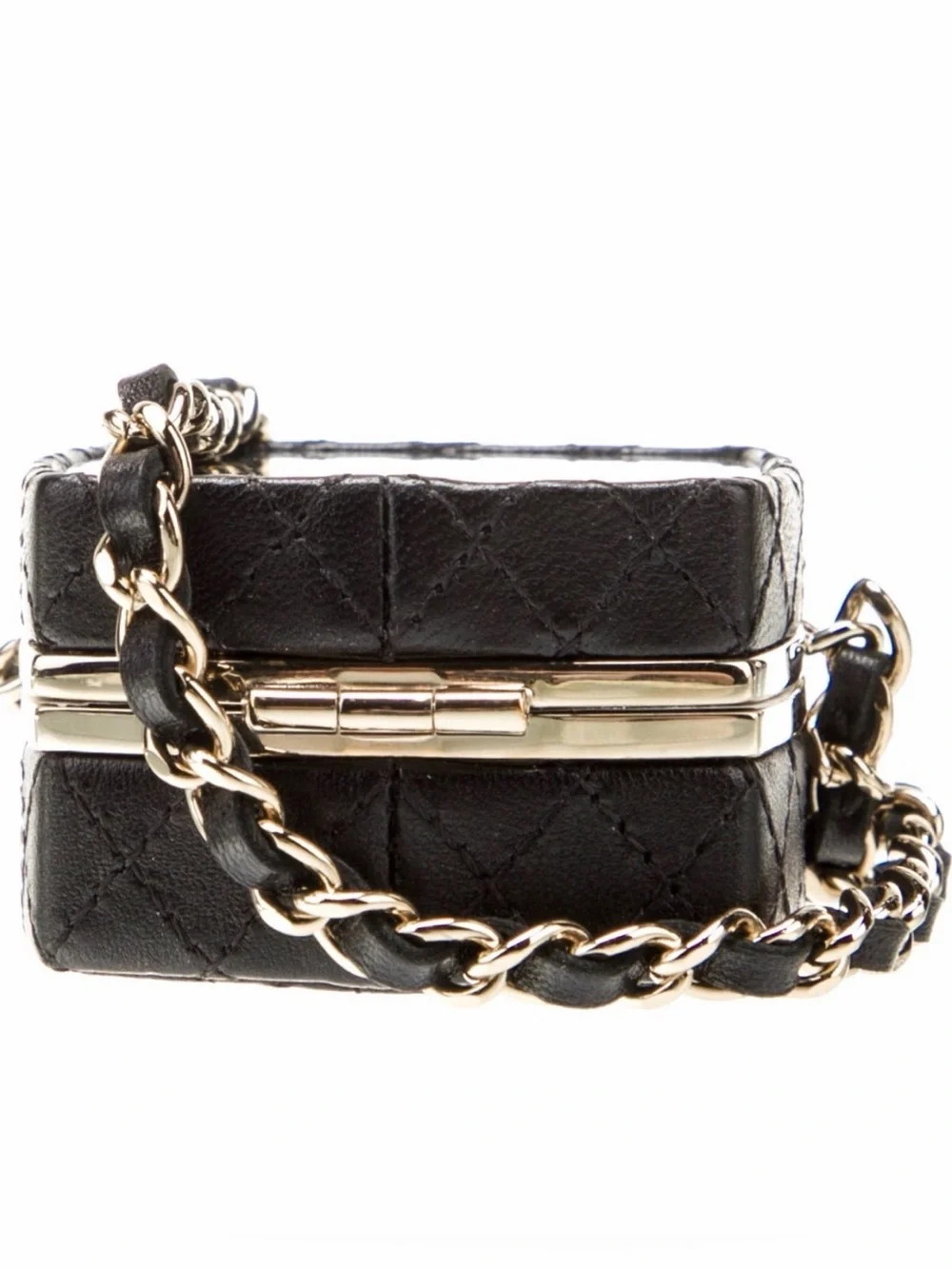 Auth CHANEL Black Quilted Mini clutch with Gold Chain Strap